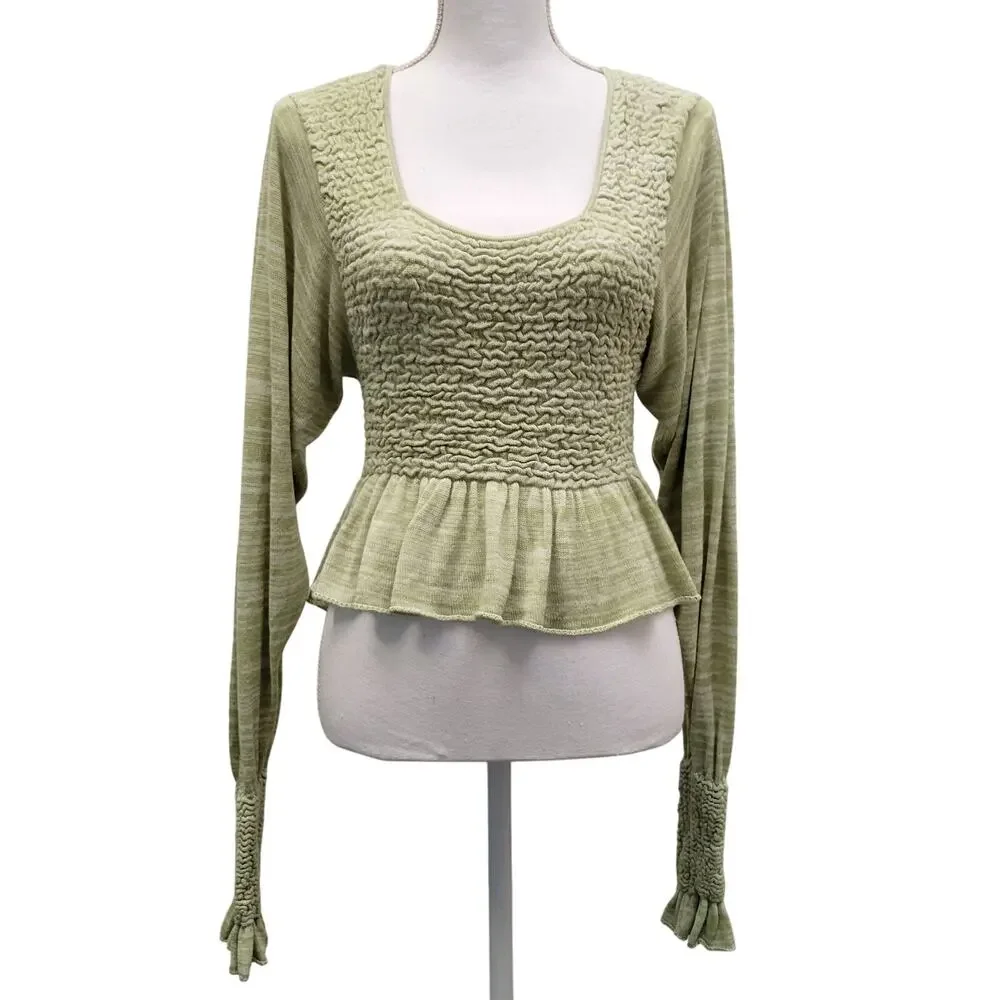 Free People Peplum Top Women's XS Green Free Spirit Long Sleeve Smocked Boho